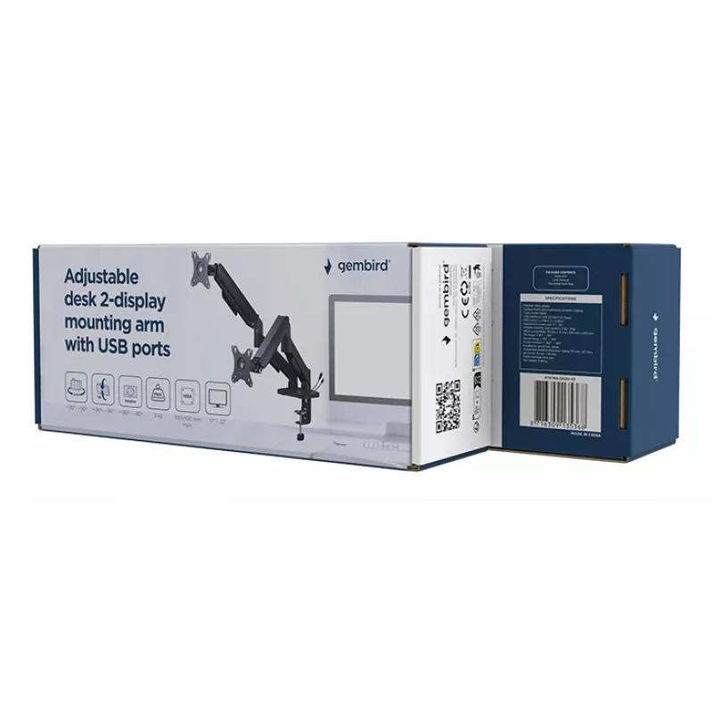 Brazo de monitor de escritorio ajustable GEMBIRD para dos pantallas con puertos USB, 43,2-81,3 cm (17-32 pulgadas)