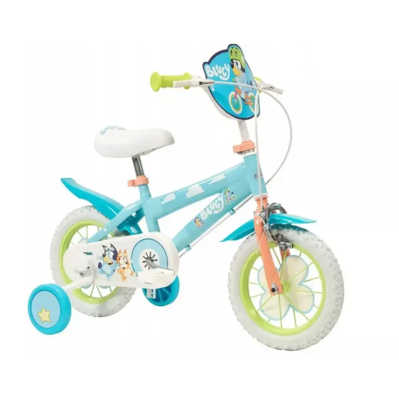 Bicicleta infantil Toimsa Bluey 12 pulgadas — rueda de 12 pulgadas, azul y lima, freno delantero y trasero, ruedines