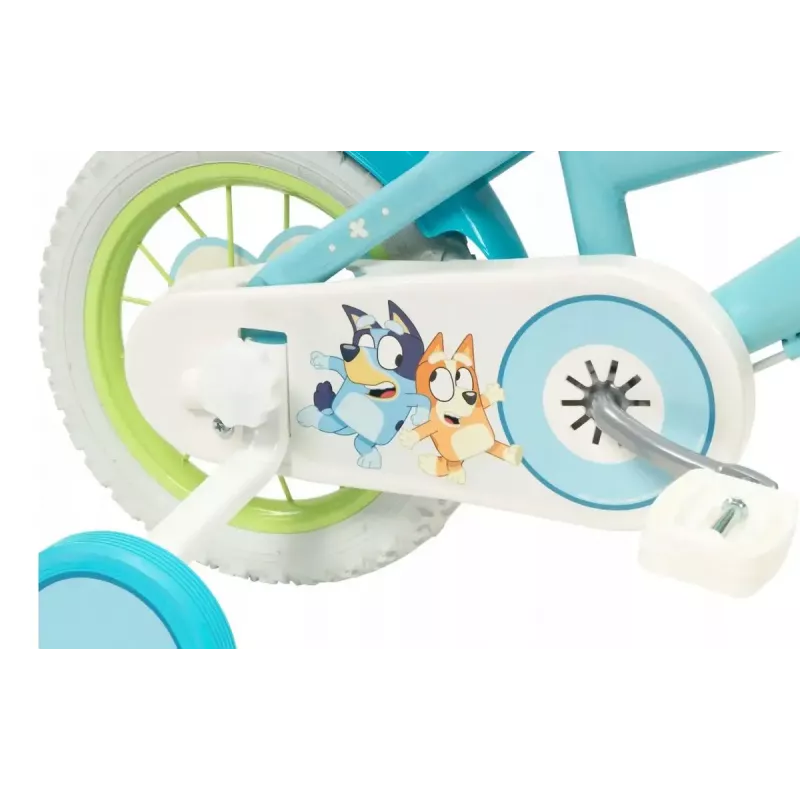 Bicicleta infantil Toimsa Bluey 12 pulgadas — rueda de 12 pulgadas, azul y lima, freno delantero y trasero, ruedines