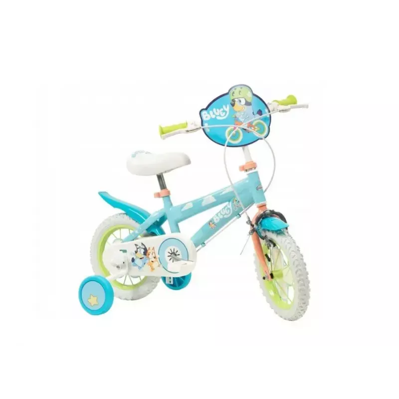 Bicicleta infantil Toimsa Bluey 12 pulgadas — rueda de 12 pulgadas, azul y lima, freno delantero y trasero, ruedines