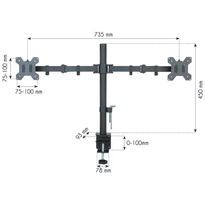 Soporte de monitor TECHLY ICA-LCD-382-D para 2 pantallas, pinza de mesa, hasta 27 inch, 20 kg, VESA 75x75–100x100, negro