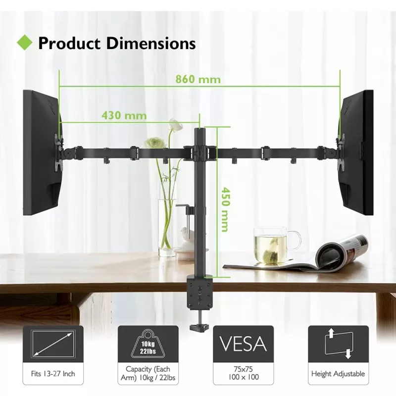 Soporte de monitor TECHLY ICA-LCD-382-D para 2 pantallas, pinza de mesa, hasta 27 inch, 20 kg, VESA 75x75–100x100, negro