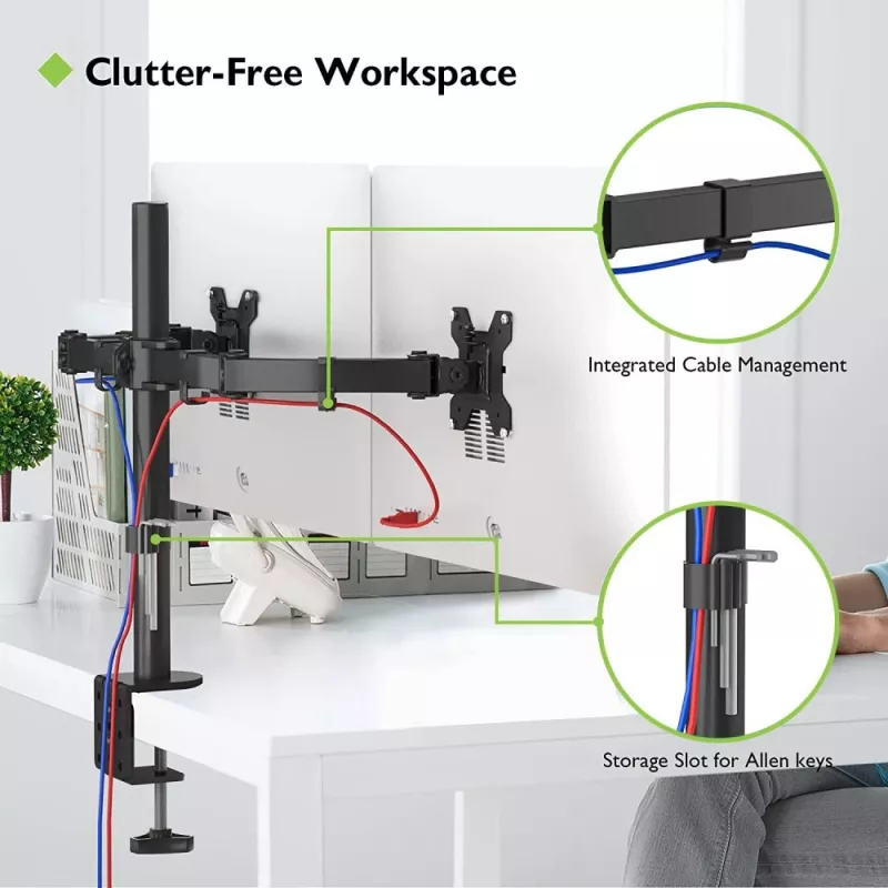 Soporte de monitor TECHLY ICA-LCD-382-D para 2 pantallas, pinza de mesa, hasta 27 inch, 20 kg, VESA 75x75–100x100, negro