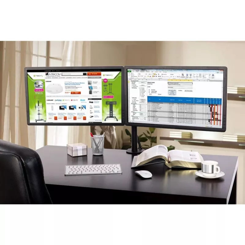 Soporte de monitor TECHLY ICA-LCD-382-D para 2 pantallas, pinza de mesa, hasta 27 inch, 20 kg, VESA 75x75–100x100, negro