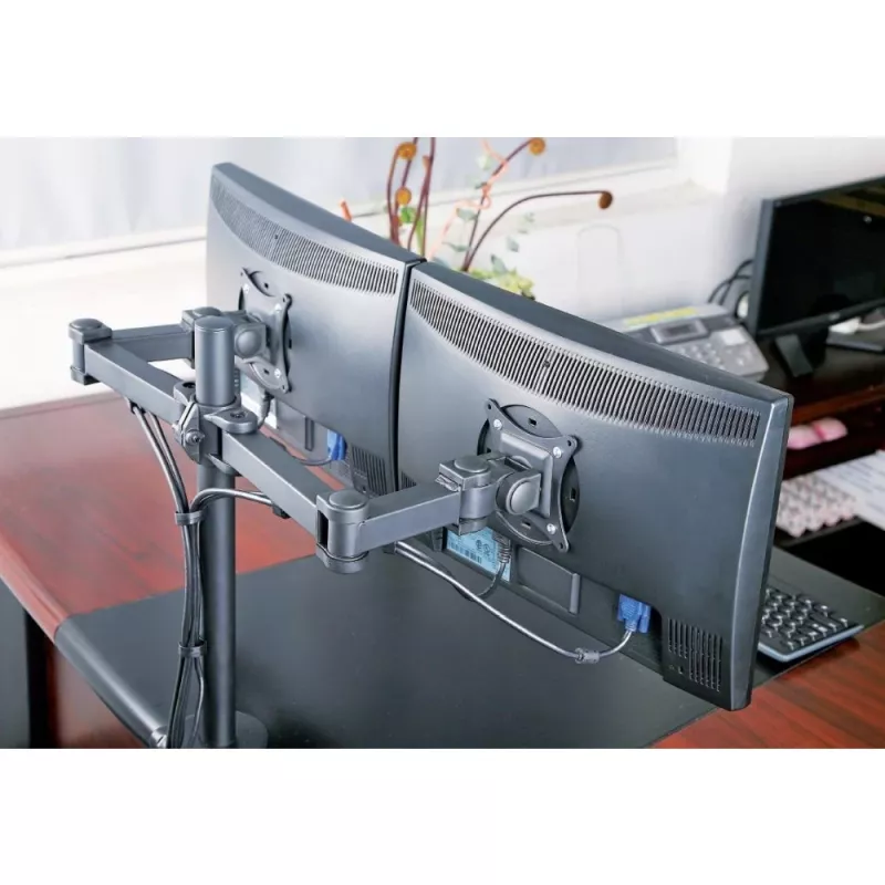 Soporte de monitor TECHLY ICA-LCD-382-D para 2 pantallas, pinza de mesa, hasta 27 inch, 20 kg, VESA 75x75–100x100, negro