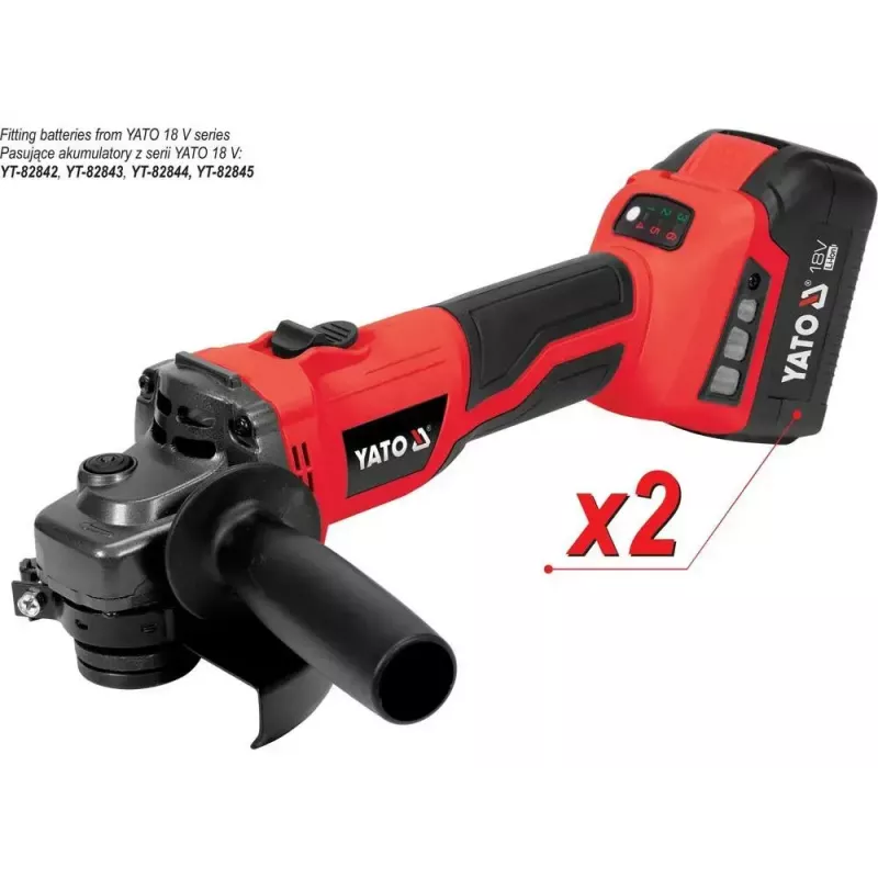 Amoladora angular YATO YT-828295, inalámbrica 18 V, sin escobillas, disco de 125 mm, 2 baterías Li-Ion de 4 Ah, 1,26 kg