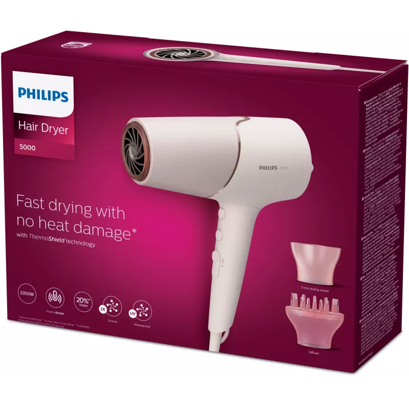 Secador de pelo Philips BHD530/00 2300 W, 6 velocidades/6 ajustes de calor, iónico, Cool Shot, difusor y concentrador, rosa