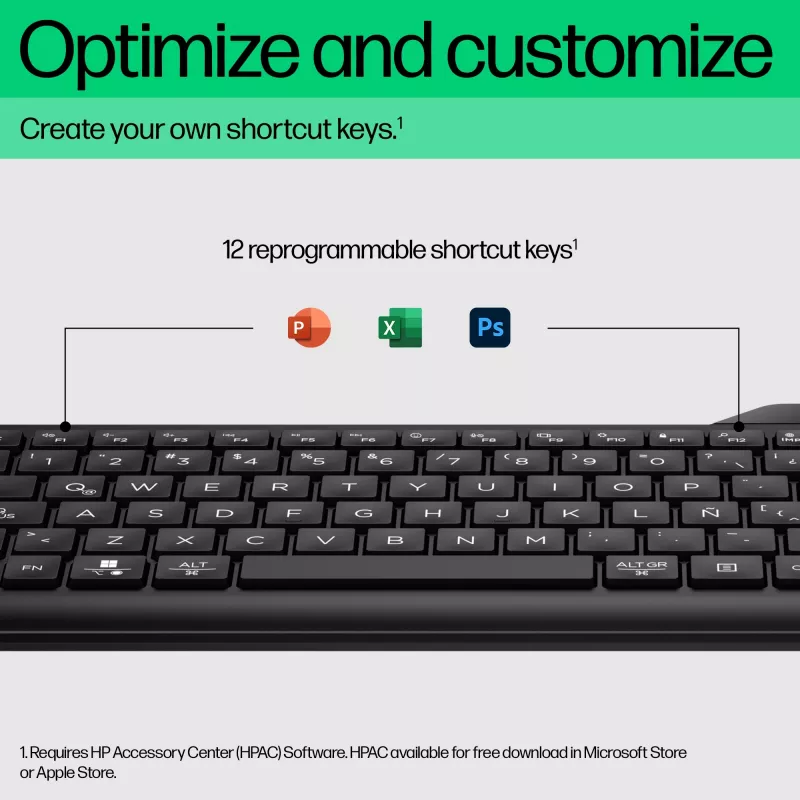 Ratón inalámbrico HP 475 Dual-Mode — QWERTY de tamaño completo, RF + Bluetooth 5.3, teclado numérico, negro, 376×153×19 mm