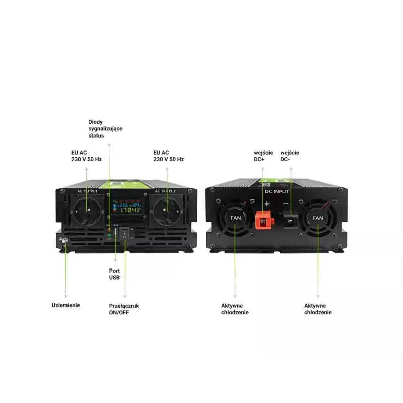Inversor de coche Green Cell INVGC12P2000LCD 2000W 12V a 230V onda senoidal pura, LCD, 1×USB, 2×AUX