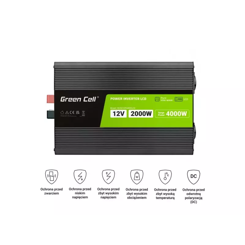 Inversor de coche Green Cell INVGC12P2000LCD 2000W 12V a 230V onda senoidal pura, LCD, 1×USB, 2×AUX