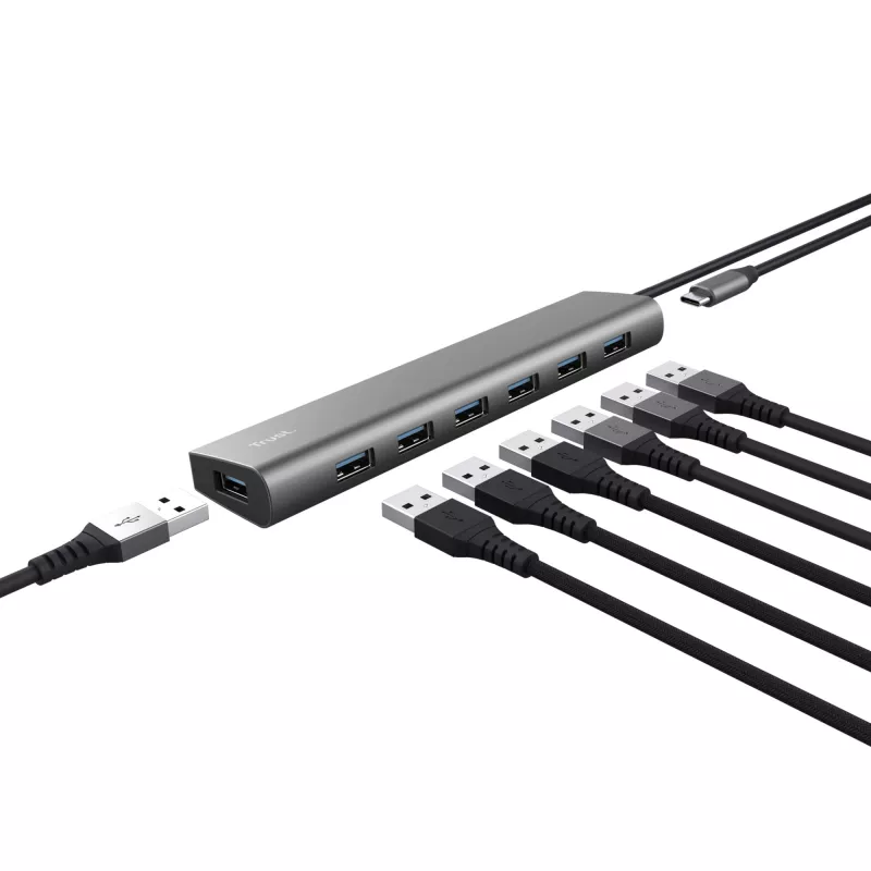 Trust Halyx 24967 hub USB de 7 puertos, USB 3.2 Gen 1, Type-A, 5000 Mbit/s, plateado
