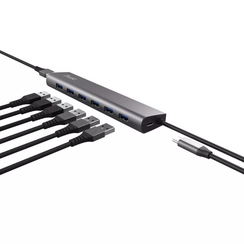Trust Halyx 24967 hub USB de 7 puertos, USB 3.2 Gen 1, Type-A, 5000 Mbit/s, plateado