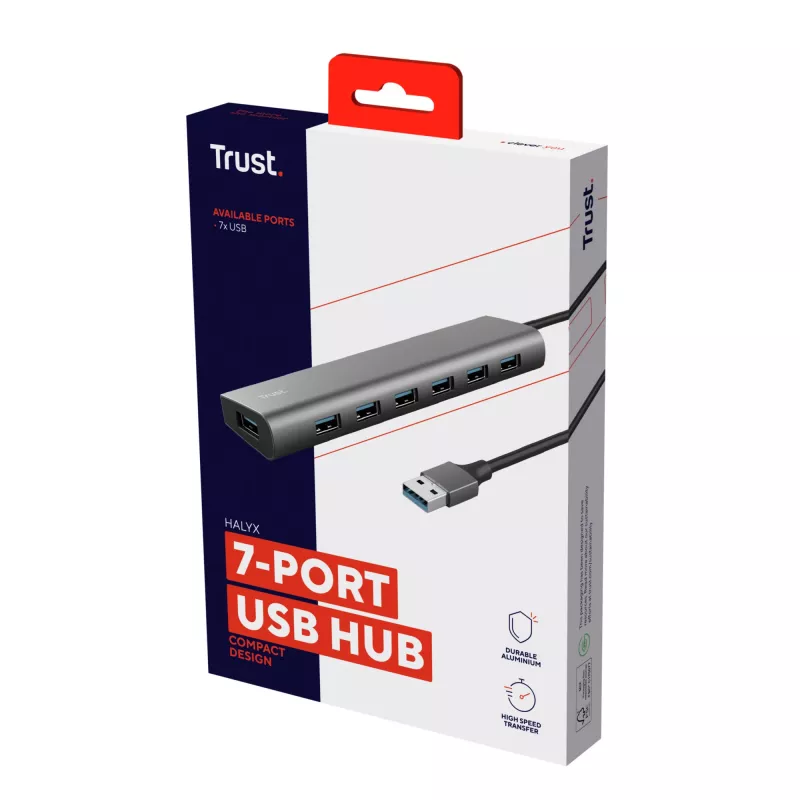 Trust Halyx 24967 hub USB de 7 puertos, USB 3.2 Gen 1, Type-A, 5000 Mbit/s, plateado