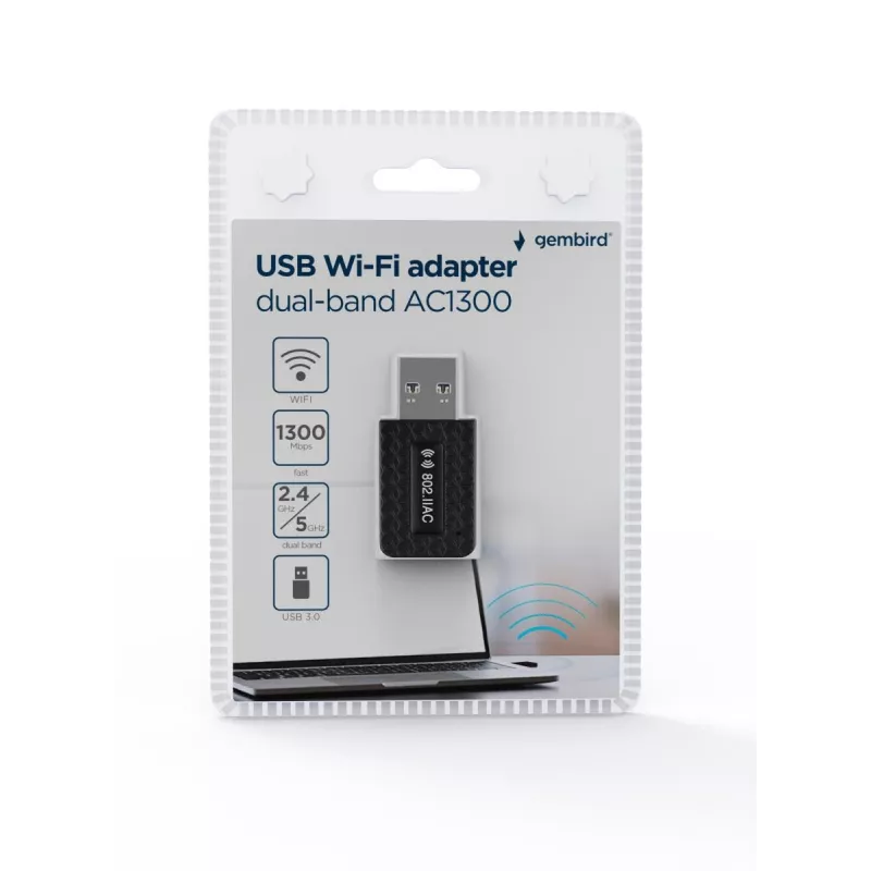 Adaptador USB Wi-Fi GEMBIRD AC1300 Dual-Band Wi-Fi 5 (RTL8812BU) 867 Mbit/s USB 3.0 antena interna negro