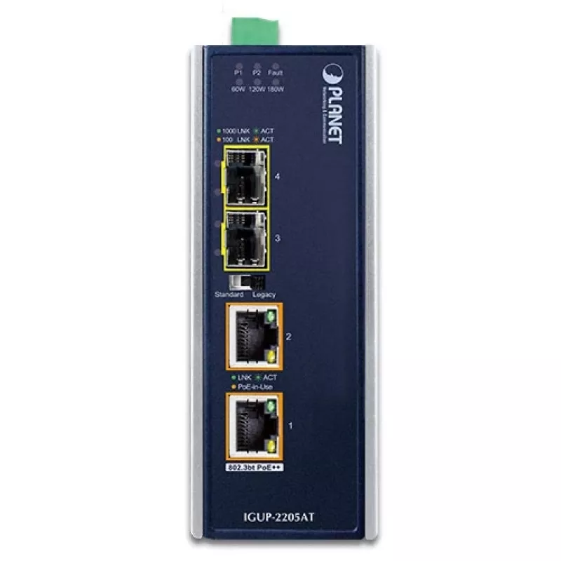 PLANET IGUP-2205AT convertidor de medios industrial, 2 puertos 100/1000X SFP a 2 puertos 10/100/1000T, PoE 90 W, 12-48 V, metálico, azul