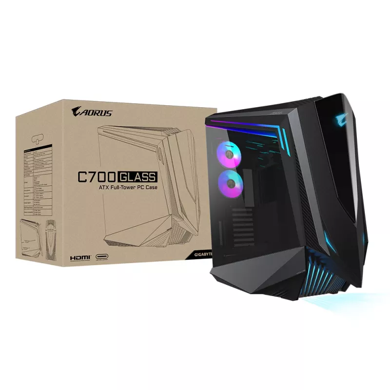 Caja de PC GIGABYTE AORUS C700 GLASS – Full-Tower, compatible con hasta E-ATX y radiadores de 420 mm, 5 ventiladores de 120 mm preinstalados, USB 3.1 Type-C, RGB Fusion