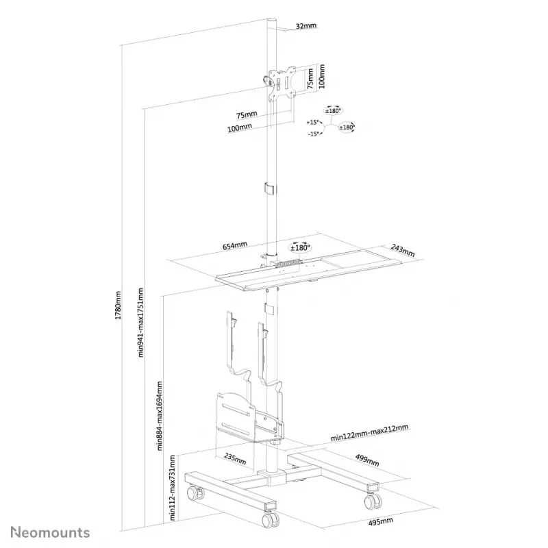 Neomounts FPMA-MOBILE1700 puesto de trabajo móvil, 10-32 pulgadas (25,4-81,3 cm), máx. 8 kg, VESA 75x75-100x100, altura 94-175 cm, acero, negro