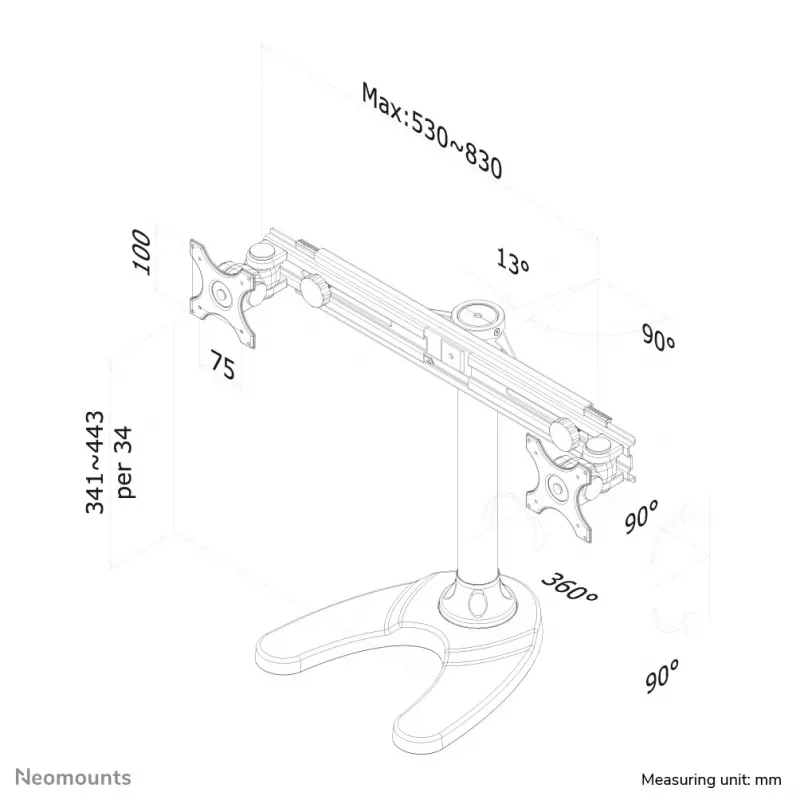 Neomounts FPMA-D700DD soporte de escritorio para dos monitores, articulado, 19-30 pulgadas (48,3-76,2 cm), 8 kg por pantalla, VESA 75x75-100x100, base/pasacables, negro