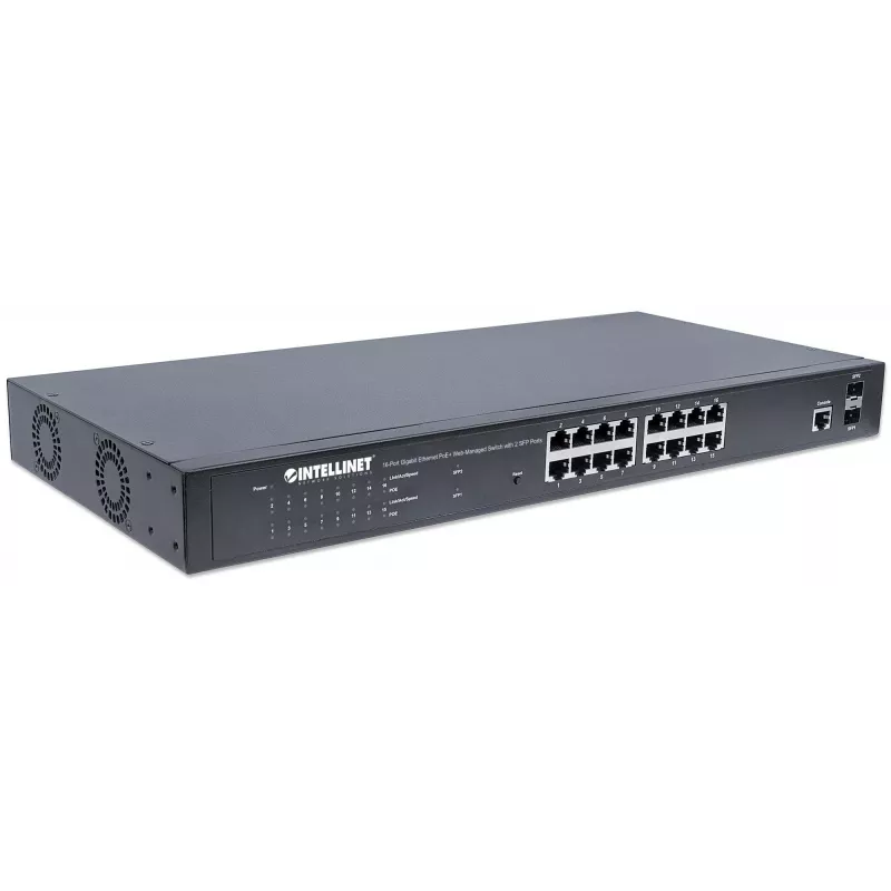 Switch gestionado web Intellinet 16 puertos Gigabit Ethernet PoE+ con 2 puertos SFP, compatible con IEEE 802.3at/af Power over Ethernet (PoE+/PoE), 374 W, Endspan, montaje en rack de 19 pulgadas