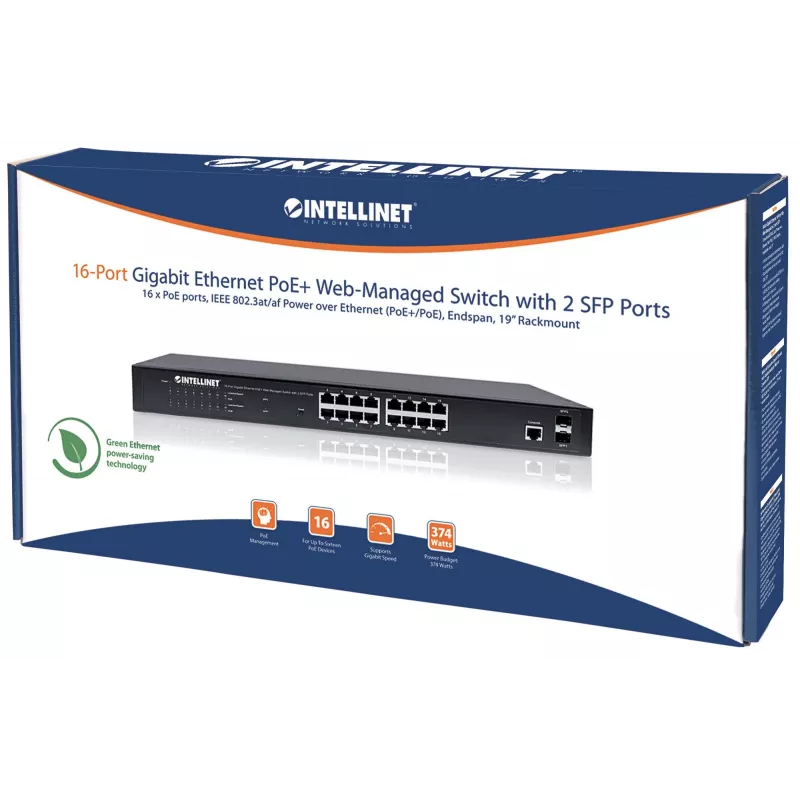 Switch gestionado web Intellinet 16 puertos Gigabit Ethernet PoE+ con 2 puertos SFP, compatible con IEEE 802.3at/af Power over Ethernet (PoE+/PoE), 374 W, Endspan, montaje en rack de 19 pulgadas
