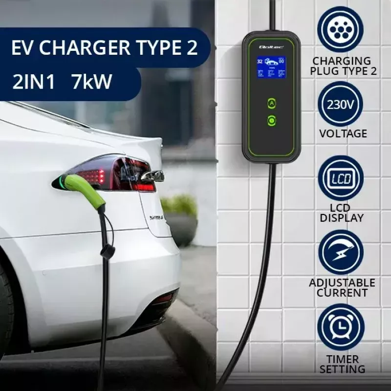 Qoltec 52471 cargador móvil para coches eléctricos 2 en 1, Type 2, 7 kW, 230 V, CEE 5 polos