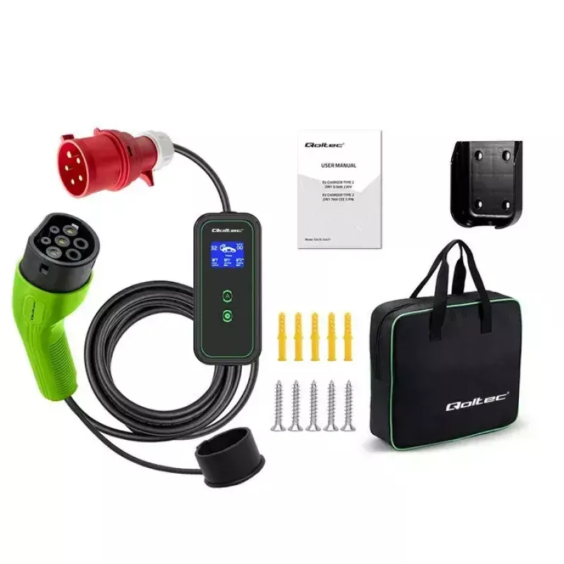Qoltec 52471 cargador móvil para coches eléctricos 2 en 1, Type 2, 7 kW, 230 V, CEE 5 polos