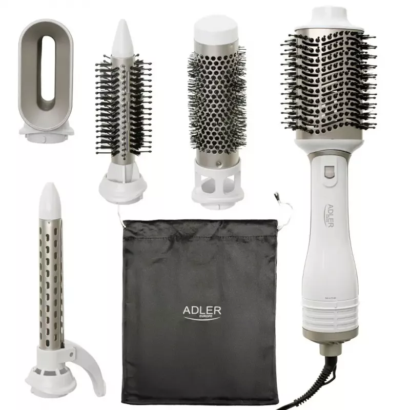 Adler AD 2027 rizador-secador 5 en 1, 1200 W, 2 niveles de calor, 5 accesorios con revestimiento cerámico, blanco/champán