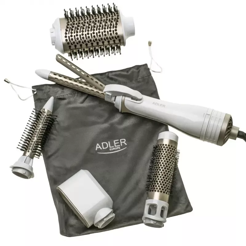 Adler AD 2027 rizador-secador 5 en 1, 1200 W, 2 niveles de calor, 5 accesorios con revestimiento cerámico, blanco/champán