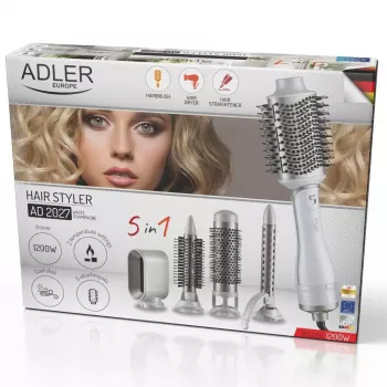 Secador de pelo y rizador Adler AD 2027 — herramienta de estilismo 2 en 1, 1200 W, 2 niveles de temperatura, 5 accesorios, diámetro de cepillo 2,1/3,8/7,2 cm, ø máx. de rizo 1,9 cm