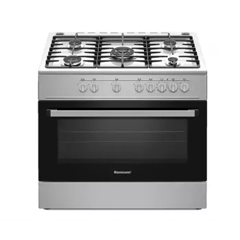 Cocina independiente de gas y eléctrica Ravanson KWGE-K90A Cheff, 90 cm, placa de 5 fuegos (wok), horno eléctrico 110 l, acero inoxidable/plateado