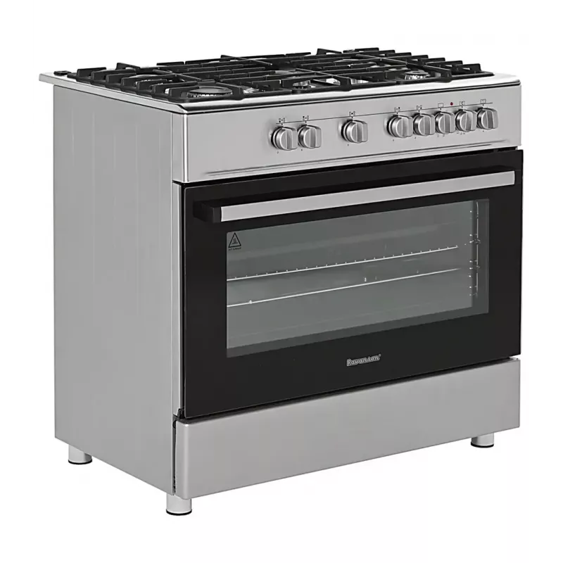 Cocina independiente de gas y eléctrica Ravanson KWGE-K90A Cheff, 90 cm, placa de 5 fuegos (wok), horno eléctrico 110 l, acero inoxidable/plateado