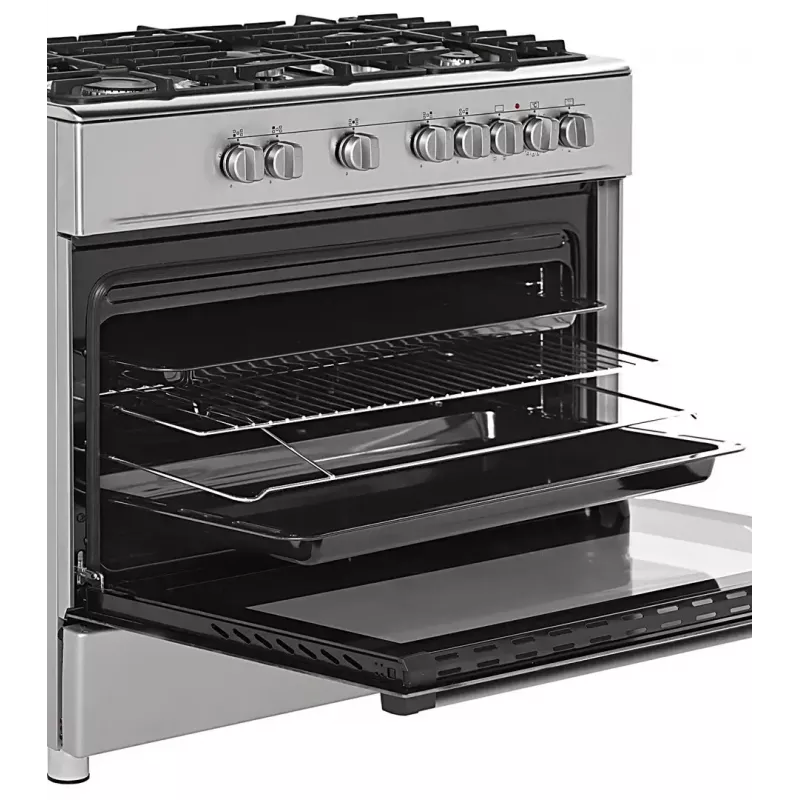 Cocina independiente de gas y eléctrica Ravanson KWGE-K90A Cheff, 90 cm, placa de 5 fuegos (wok), horno eléctrico 110 l, acero inoxidable/plateado