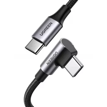 Cable USB-C a USB-C UGREEN 70643, USB 2.0, 1 m, 5 A, 480 Mbit/s, carcasa TPE, conectores recto a acodado, negro/gris