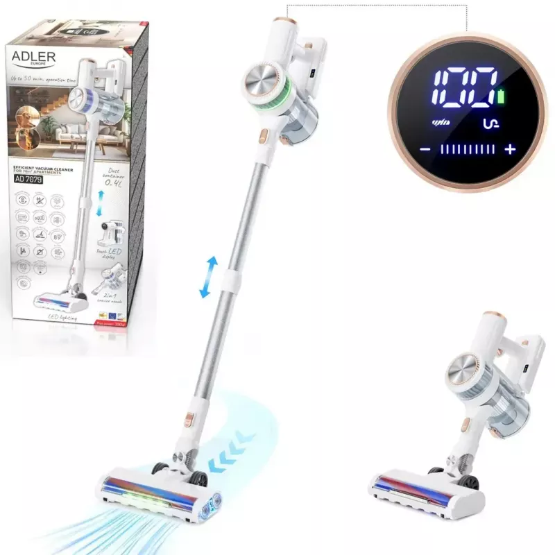 Aspirador de escoba inalámbrico Adler AD 7079, motor sin escobillas, 9000 Pa, 2200 mAh, 0,4 L sin bolsa