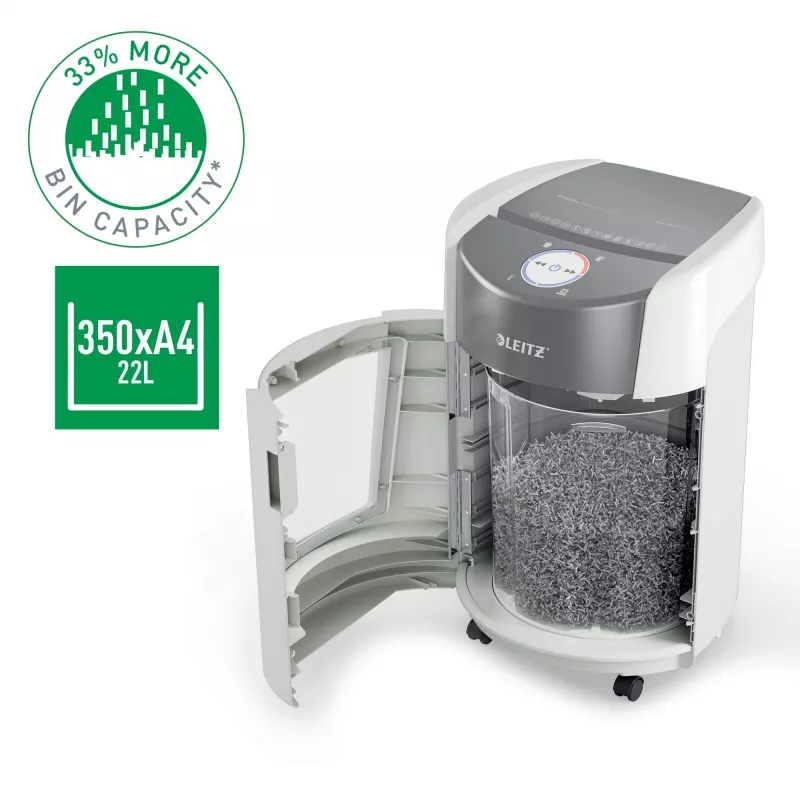 Destructora de documentos Leitz IQ OptiMax Small Office 350 microcorte nivel de seguridad P5 22 L – blanca