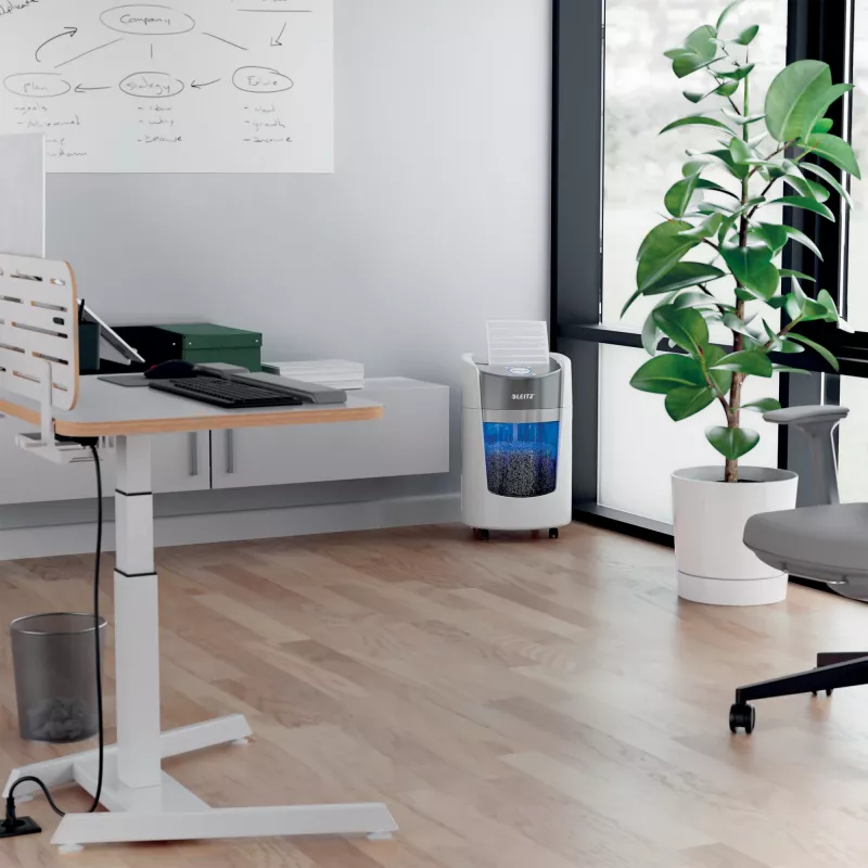 Destructora de documentos Leitz IQ OptiMax Small Office 350 microcorte nivel de seguridad P5 22 L – blanca