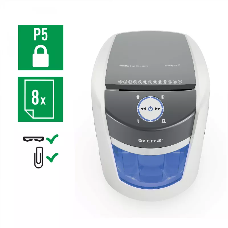 Destructora de documentos Leitz IQ OptiMax Small Office 350 microcorte nivel de seguridad P5 22 L – blanca