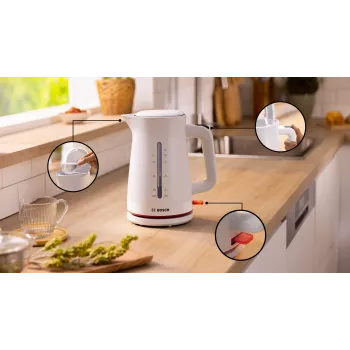 Hervidor eléctrico Bosch TWK3M121 — 1,7 L, 2400 W, blanco, carcasa de plástico