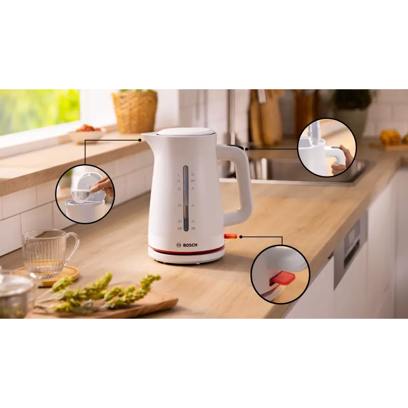 Hervidor eléctrico Bosch TWK3M121 — 1,7 L, 2400 W, blanco, carcasa de plástico