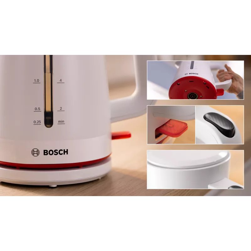 Hervidor eléctrico Bosch TWK3M121 — 1,7 L, 2400 W, blanco, carcasa de plástico