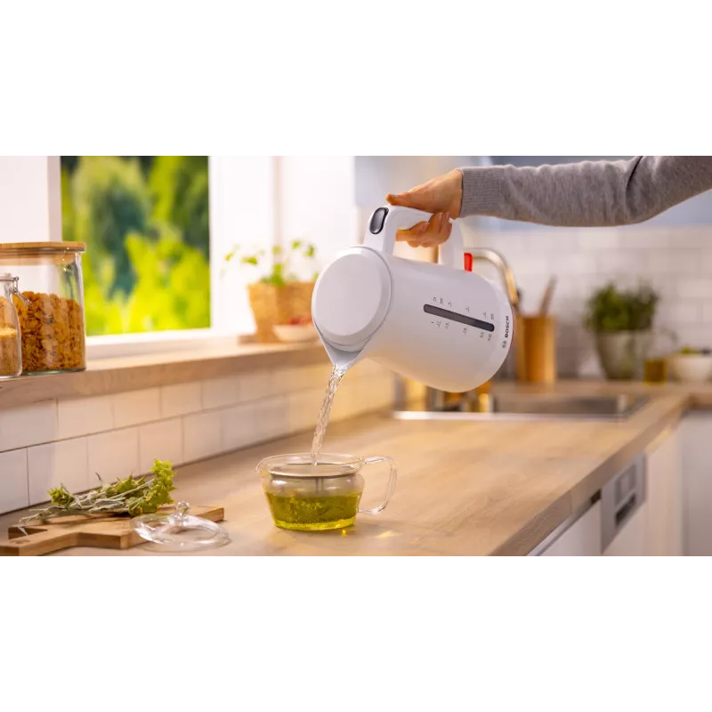 Hervidor eléctrico Bosch TWK3M121 — 1,7 L, 2400 W, blanco, carcasa de plástico