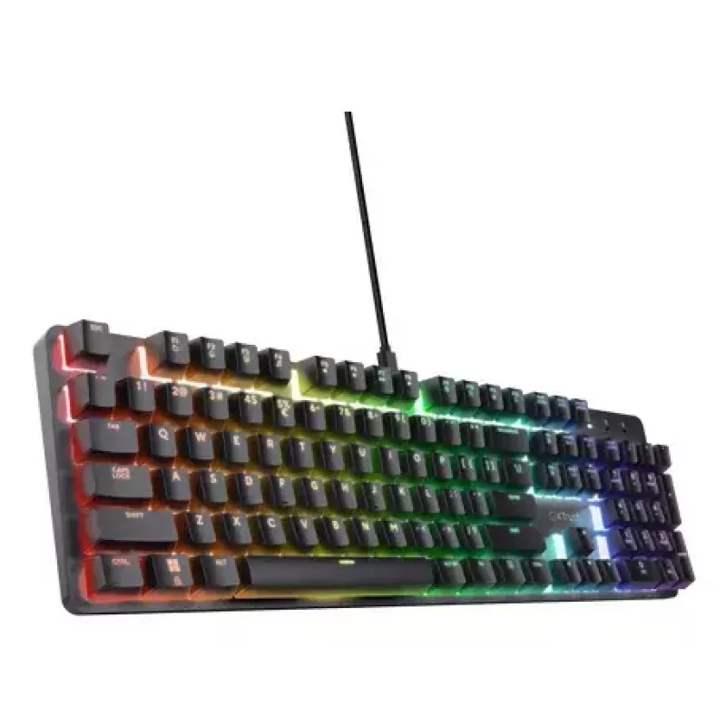 Trust GXT 871 Zora teclado mecánico para juegos, con cable USB, RGB, interruptores lineales Huano, QWERTY US, negro