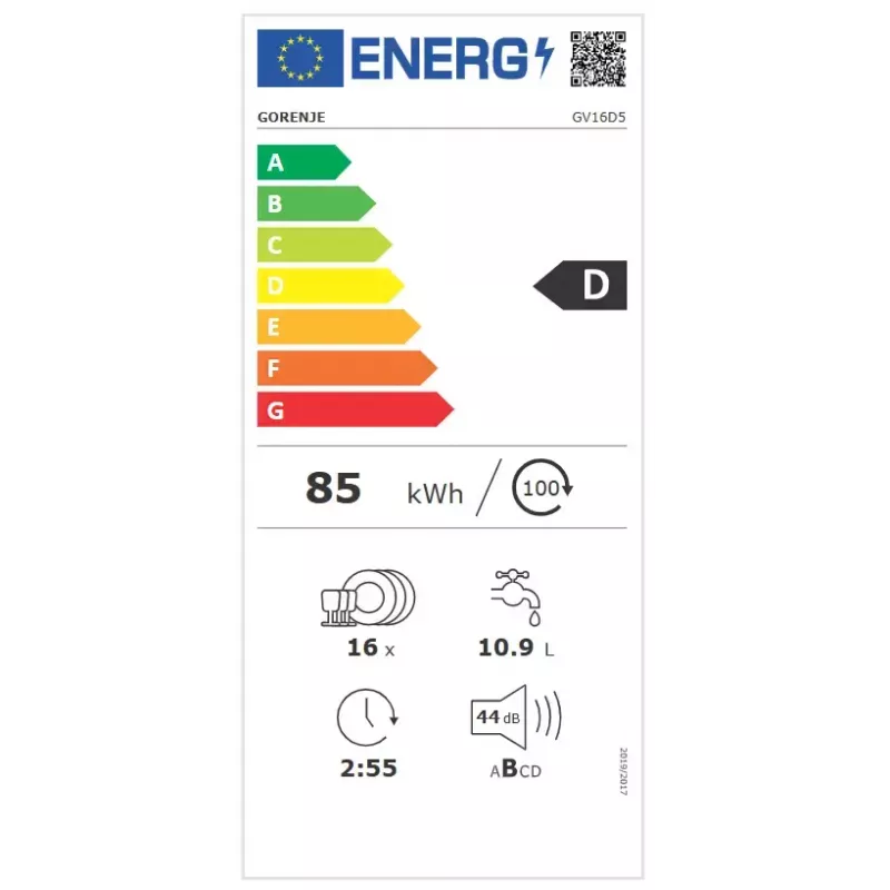 Lavavajillas integrable Gorenje GV16D5 — 16 cubiertos, 44 dB, acero inoxidable, 7 ajustes de temperatura