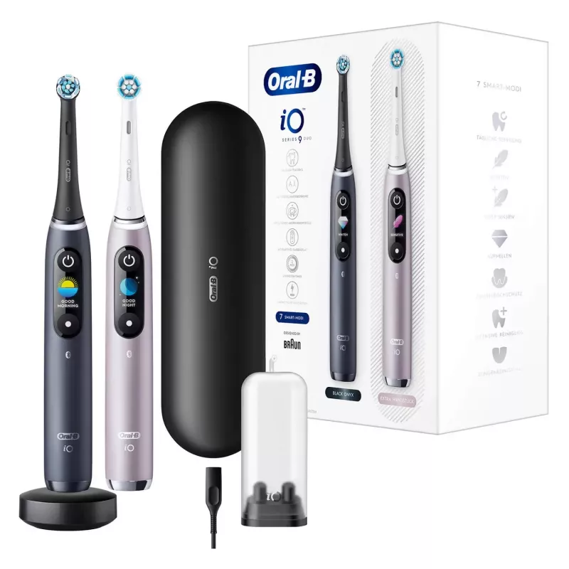 Cepillo de dientes eléctrico Oral-B iO 9 adultos rotatorio, 2 mangos, 2 cabezales, batería integrada, 3 h de carga, negro/rosa