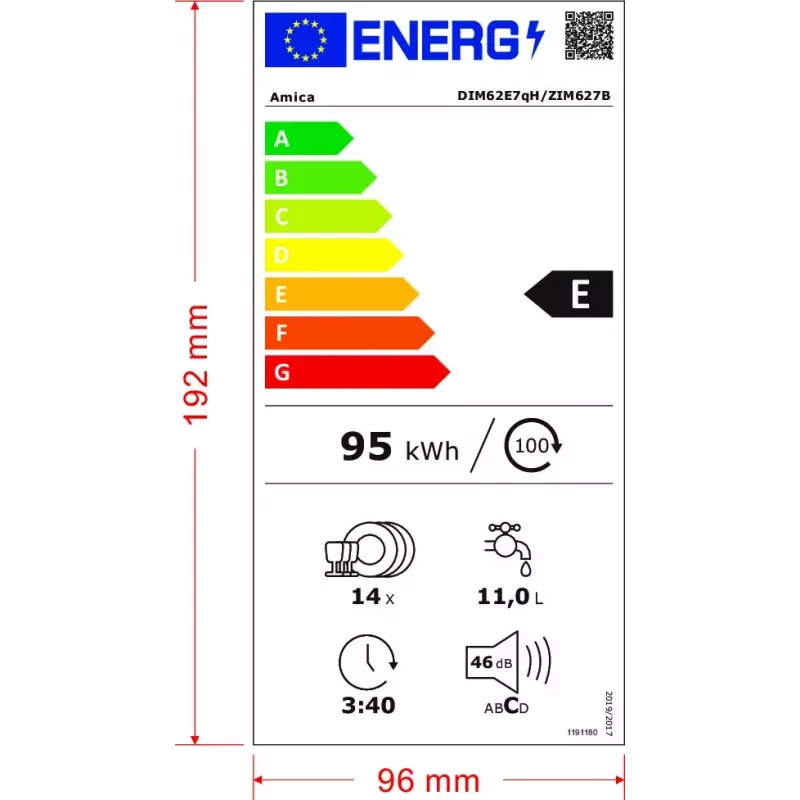 Lavavajillas integrable AMICA DIM62E7qH — 14 cubiertos, 60 cm, pantalla táctil LED, 7 programas, blanco