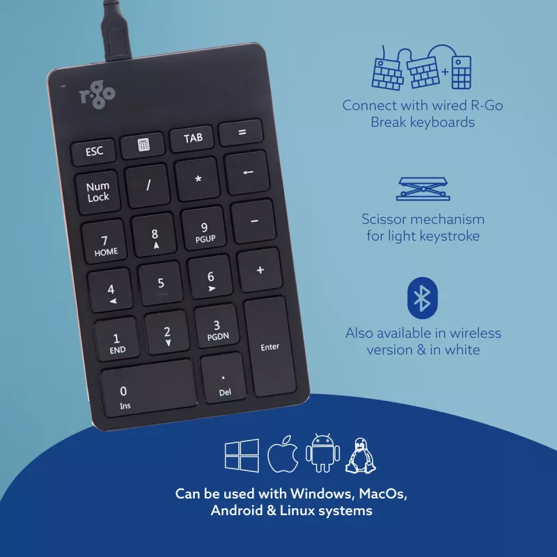 Teclado numérico R-Go Tools R-Go Numpad Break, teclado numérico ergonómico con software de pausas, con cable, negro