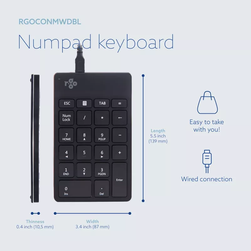 Teclado numérico R-Go Tools R-Go Numpad Break, teclado numérico ergonómico con software de pausas, con cable, negro