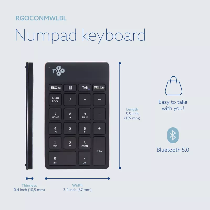 Teclado numérico R-Go Tools R-Go Numpad Break, teclado numérico ergonómico con software de pausas, Bluetooth, negro