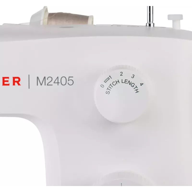 Máquina de coser semiautomática SINGER M2405 — mecánica, 11 programas, 8 tipos de puntada, 70W, blanca