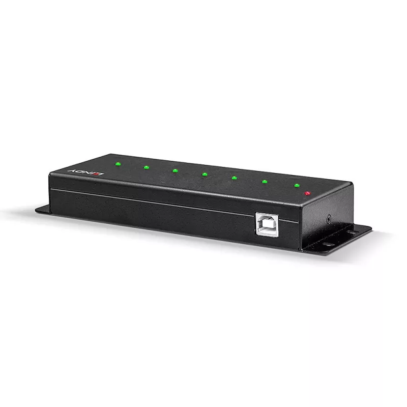 Lindy 42794 hub USB 2.0 industrial de metal de 7 puertos, 480 Mbit/s, orejetas de montaje, fuente de alimentación externa, negro